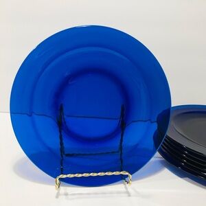 Vintage Bormioli Rocco Sapphire Blue Glass Set of 7 Salad Plates 8”